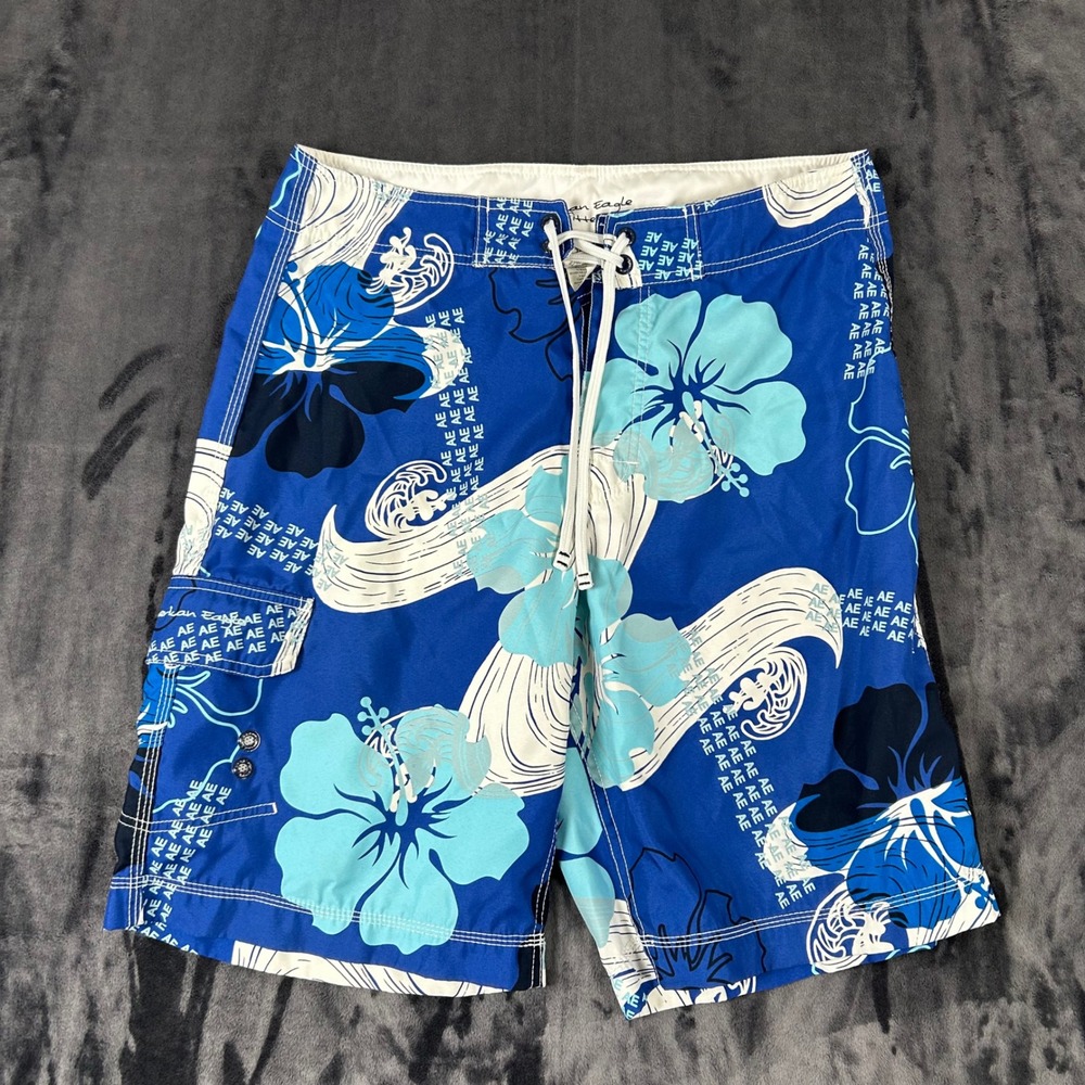 American Eagle Board Shorts Mens 32 Blue Hibiscus Tropical Swim Trunks Cargo